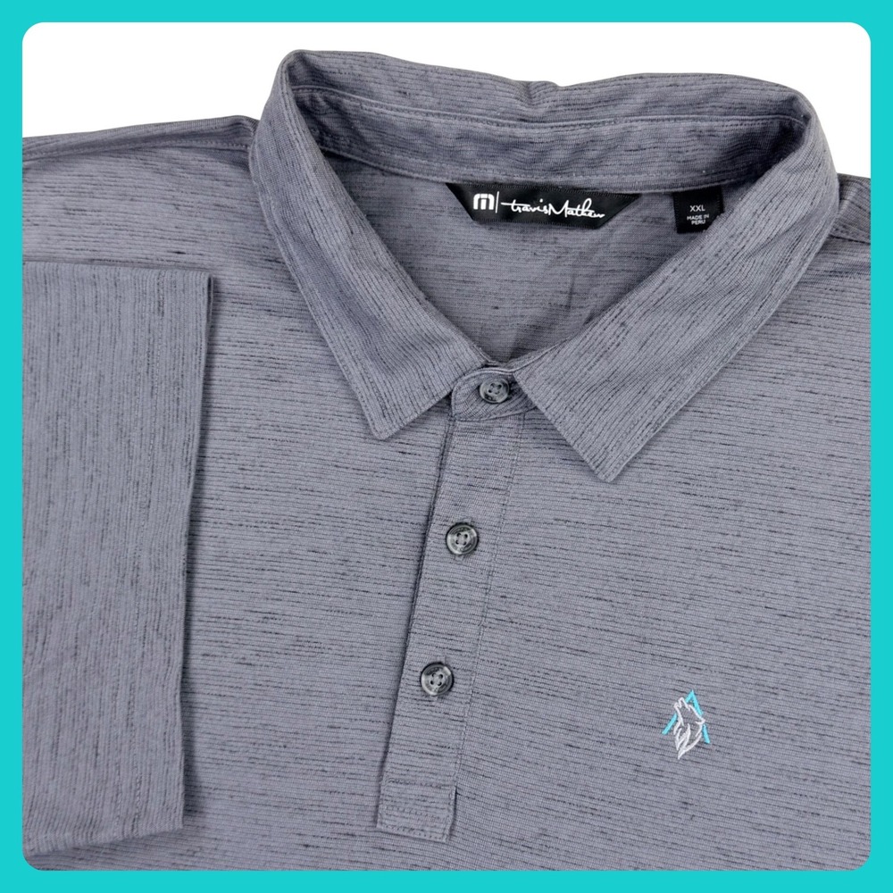 TravisMathew Polo Shirt Men XXL Gray Polyester Cotton Slub Wolf Logo Golf Short
